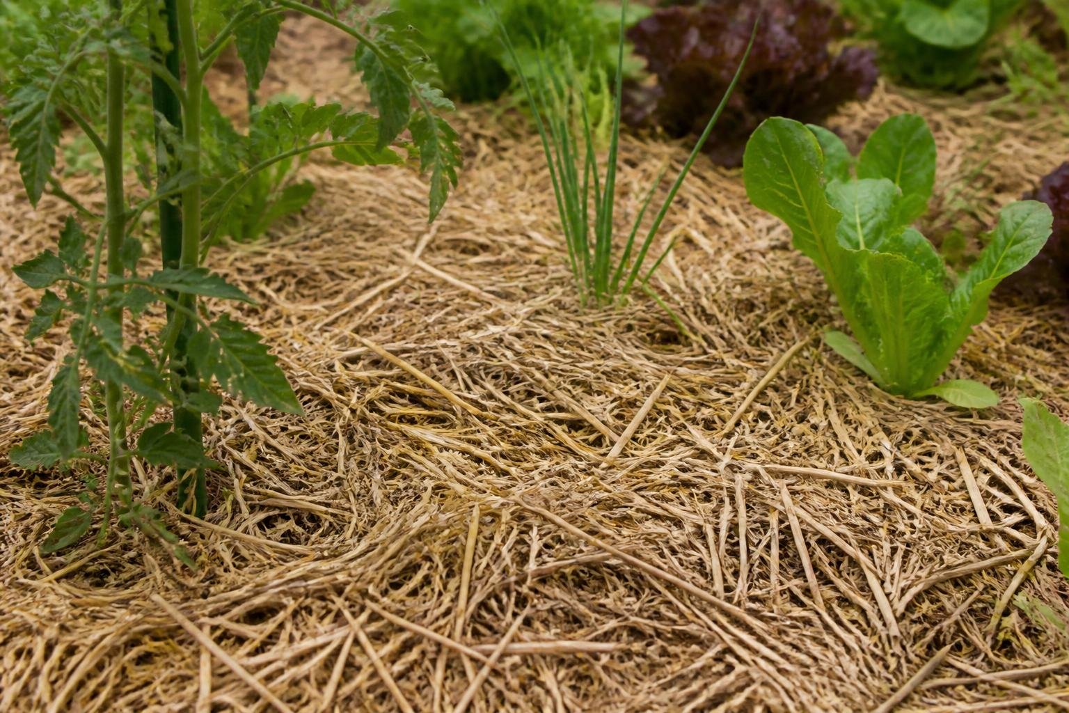 Paillage de paille et matière organique recouvrant le sol d'un jardin