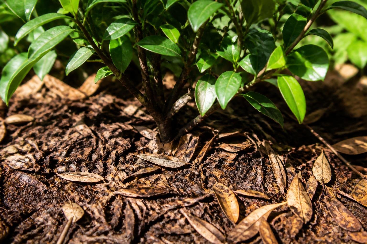 Paillage de feuilles mortes et matière organique au pied d'une plante