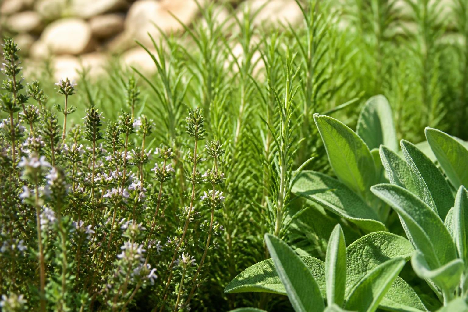 Gros plan sur des plants de thym, romarin et sauge en pleine croissance sous le soleil méditerranéen
