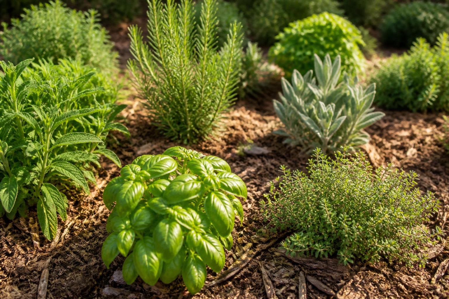 Plants d'aromatiques établis en pleine terre avec un bon paillage, baignés de lumière solaire